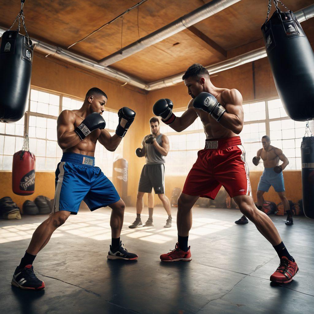 A dynamic and energetic boxing scene, showcasing a diverse group of fighters wearing innovative training gear, with a vibrant gym background filled with punching bags and training equipment. Include a spotlight on essential gear highlighted in action, like gloves, headgear, and shoes. Illustrate motion and intensity as the fighters practice together, conveying a sense of teamwork and dedication. super-realistic. vibrant colors. action-packed atmosphere.