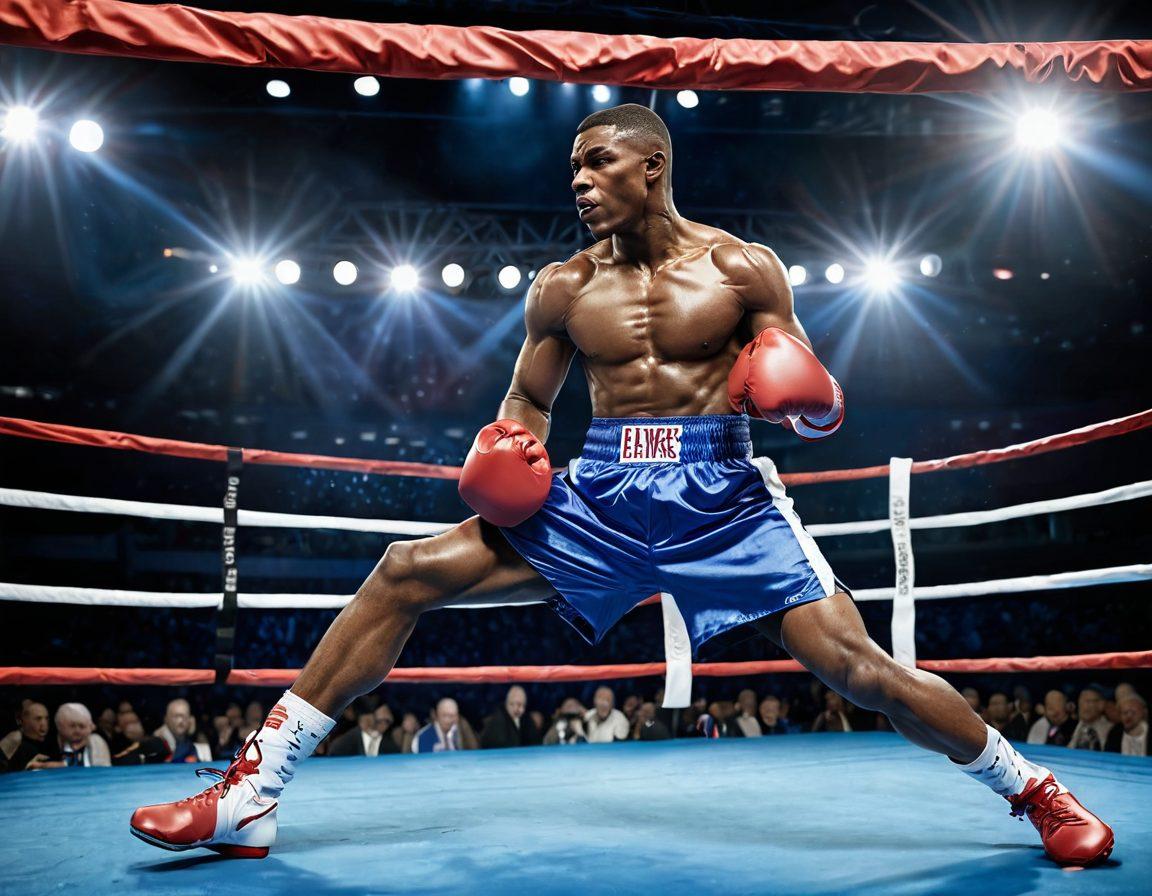 A dynamic scene of a boxer in mid-action, showcasing determination and strength, with a cheering crowd in the background. The boxer, clad in vibrant red and blue gear, stands in a boxing ring illuminated by bright lights. Include elements symbolizing growth, like a trophy and boxing gloves, along with a timeline of boxing milestones in the background. Capture the essence of competition, perseverance, and victory. super-realistic. vibrant colors. 3D.