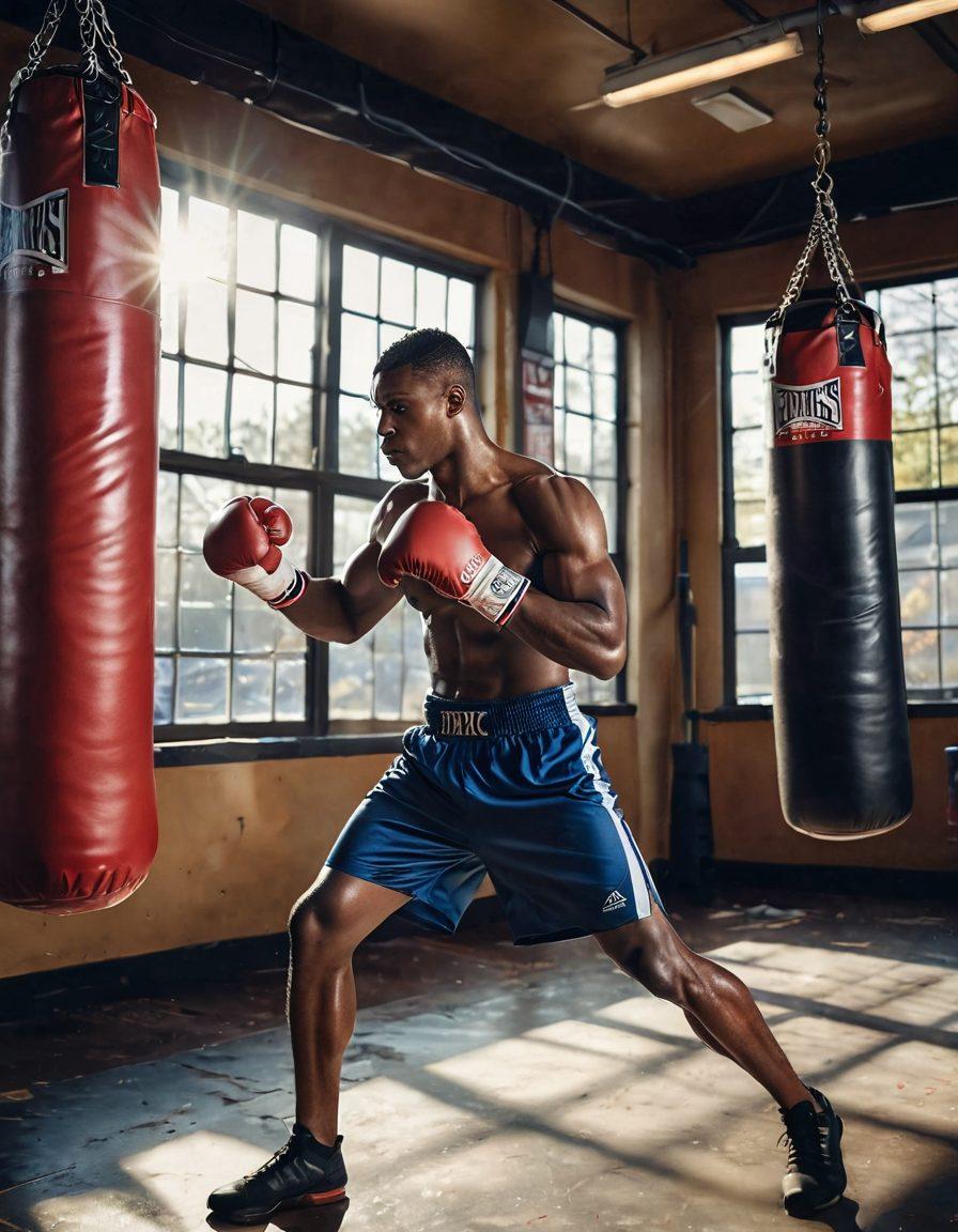 A dynamic boxing gym scene featuring a determined boxer practicing on a heavy bag, showcasing intense focus and strength. The background includes motivational posters and energetic training equipment, with rays of sunlight filtering through the windows. Vibrant colors highlight the raw energy and passion of boxing fitness. super-realistic. vibrant colors. energetic ambiance.